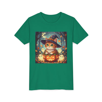Halloween cute kitten anime style 3 Unisex Youth Tee | T-Shirt, Cute Pumpkin Shirt, Kids Halloween Outfit, Cat Lover Gift, Fun Fall Apparel