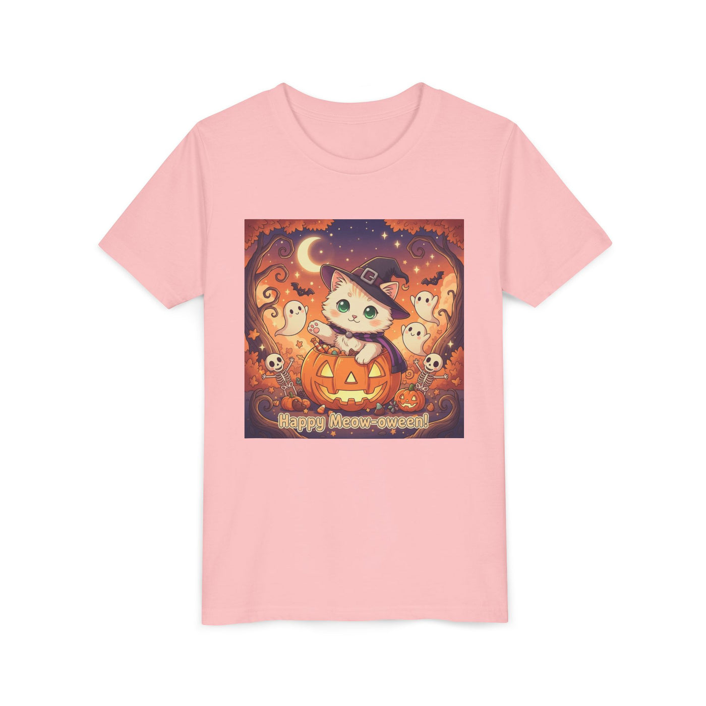 Halloween cute kitten anime style 6 Unisex Youth Tee | T-Shirt, Cute Pumpkin Shirt, Kids Halloween Outfit, Cat Lover Gift, Fun Fall Apparel