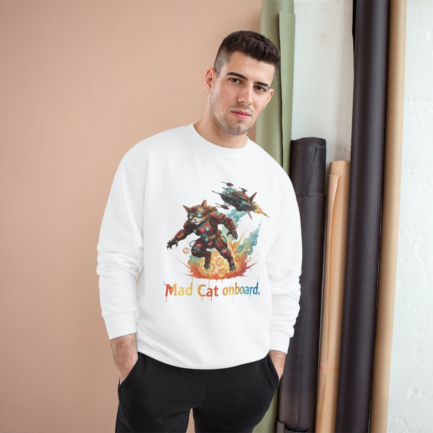 Mad Cat Onboard Graphic style 2 Champion Crewneck Sweatshirt for Gamers & Sci‑Fi Fans