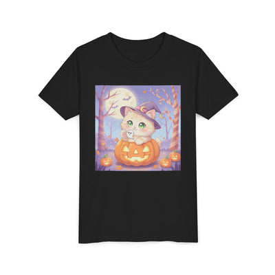 Halloween cute kitten anime style 1 Unisex Youth Tee | T-Shirt, Cute Pumpkin Shirt, Kids Halloween Outfit, Cat Lover Gift, Fun Fall Apparel