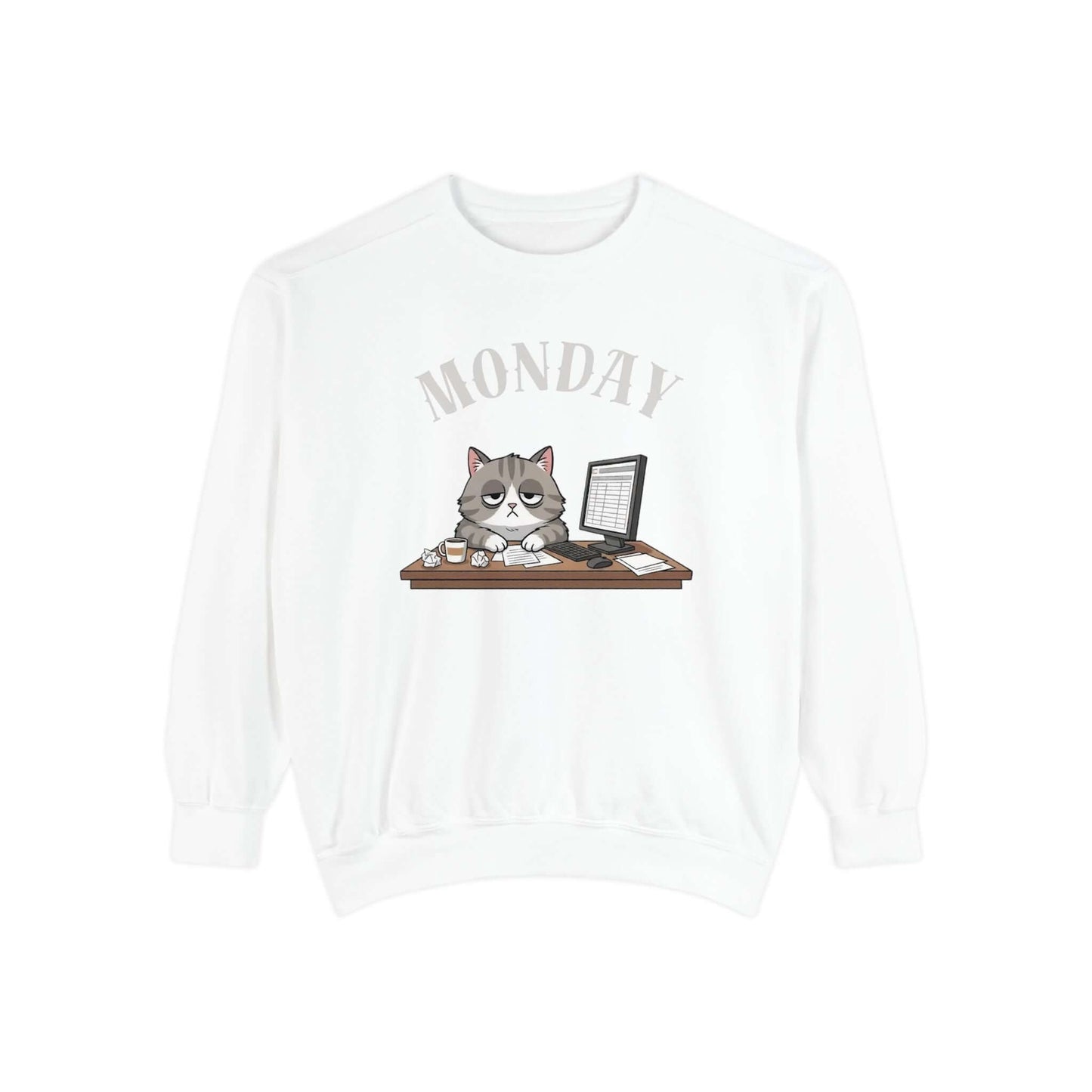 Monday Face Cat Stares Blankly Unisex Crewneck Sweatshirt featuring a grumpy cat under a 'MONDAY' banner.