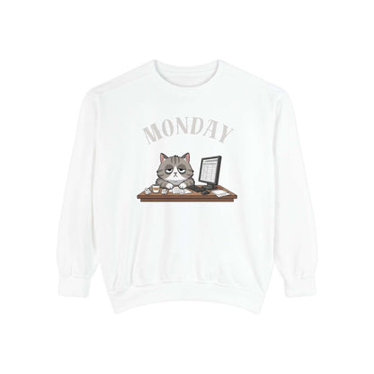 Monday Face Cat Stares Blankly Unisex Crewneck Sweatshirt featuring a grumpy cat under a 'MONDAY' banner.