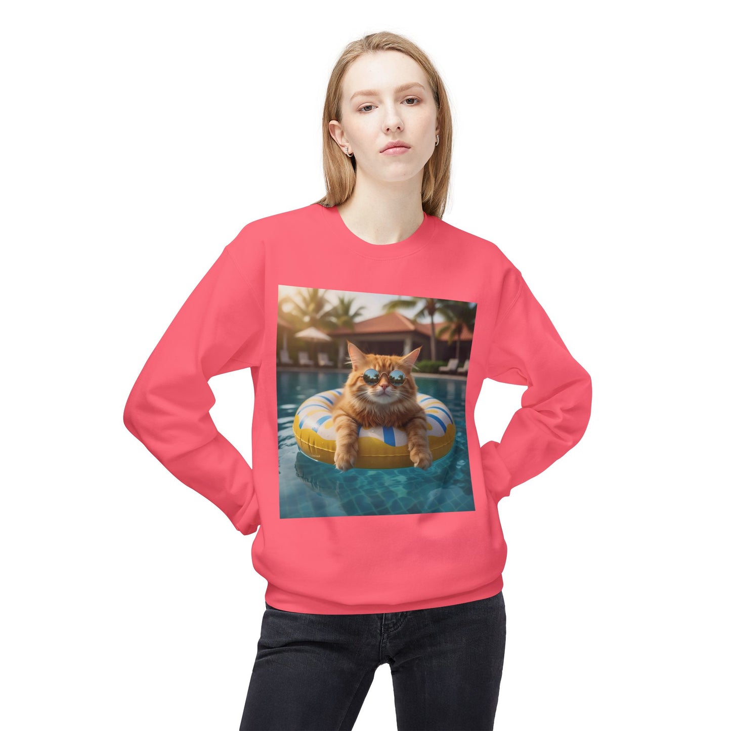 Swimming Pool Vibes Graphic Cat Unisex Crewneck Sweatshirt