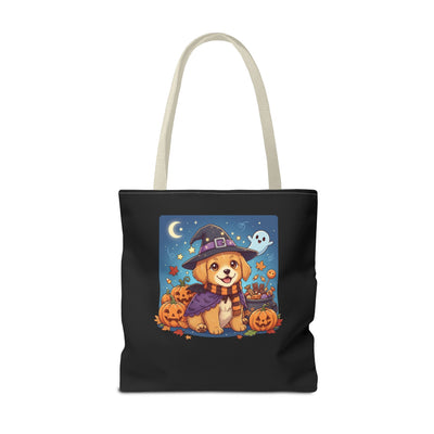 Adorable Halloween Puppy anime style Tote Bag, Pumpkin Lover Gift, Cute Dog Design, Witch Theme, Eco-Friendly Shopping Bag