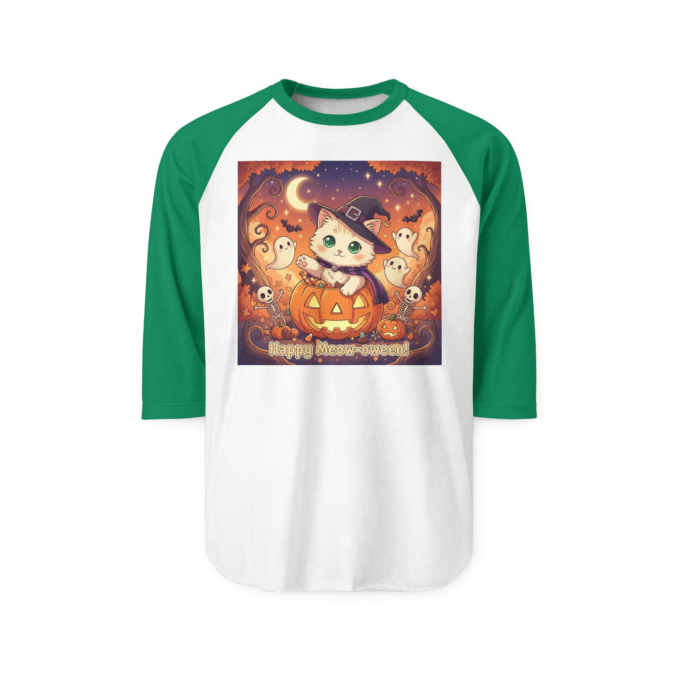 Halloween cute kitten anime style 6 Raglan Shirt, Unisex Halloween Top, Pumpkin Cat Shirt, Cute Cat Tee, Spooky Casual Wear