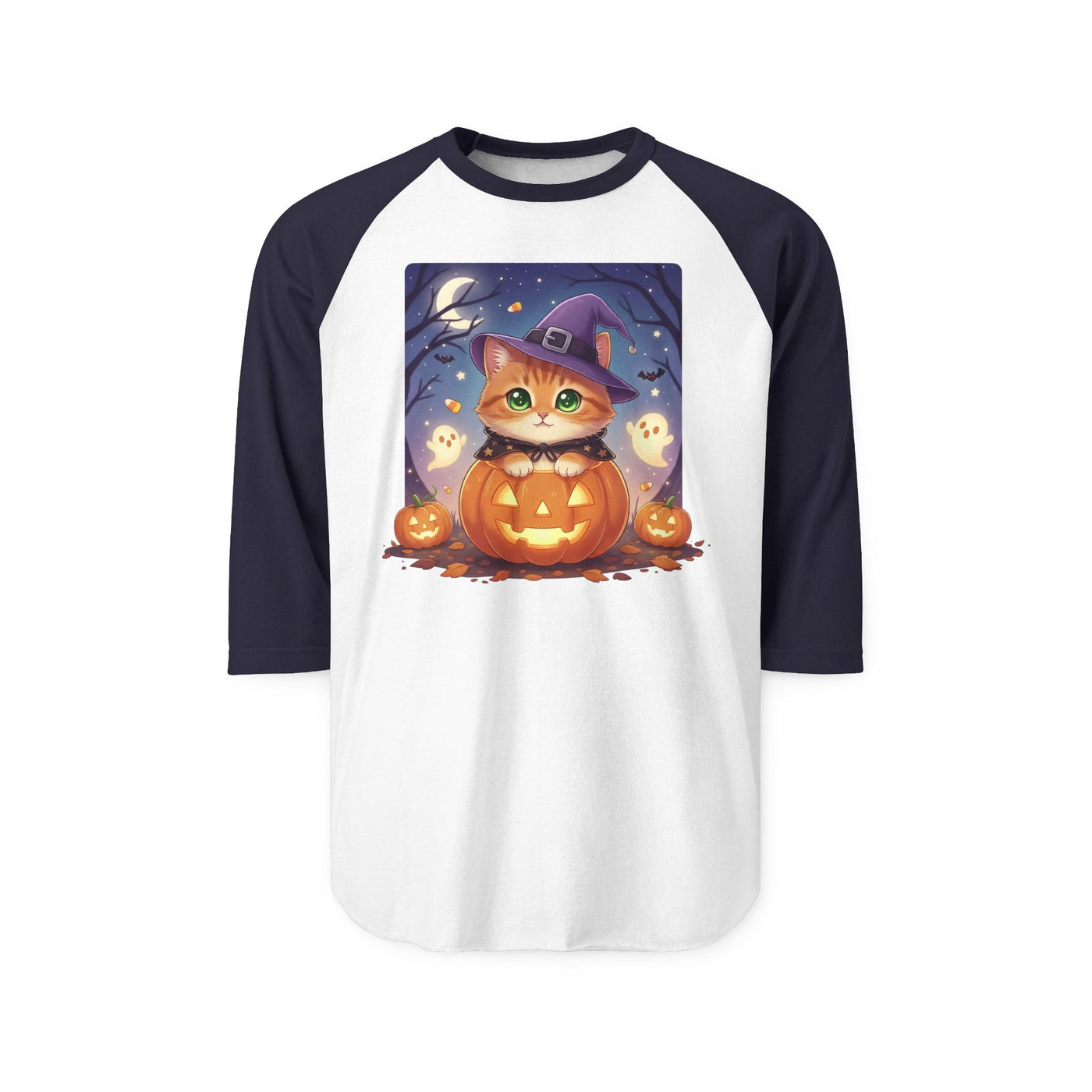 Halloween cute kitten anime style 7 Raglan Shirt, Unisex Halloween Top, Pumpkin Cat Shirt, Cute Cat Tee, Spooky Casual Wear