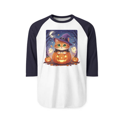 Halloween cute kitten anime style 7 Raglan Shirt, Unisex Halloween Top, Pumpkin Cat Shirt, Cute Cat Tee, Spooky Casual Wear