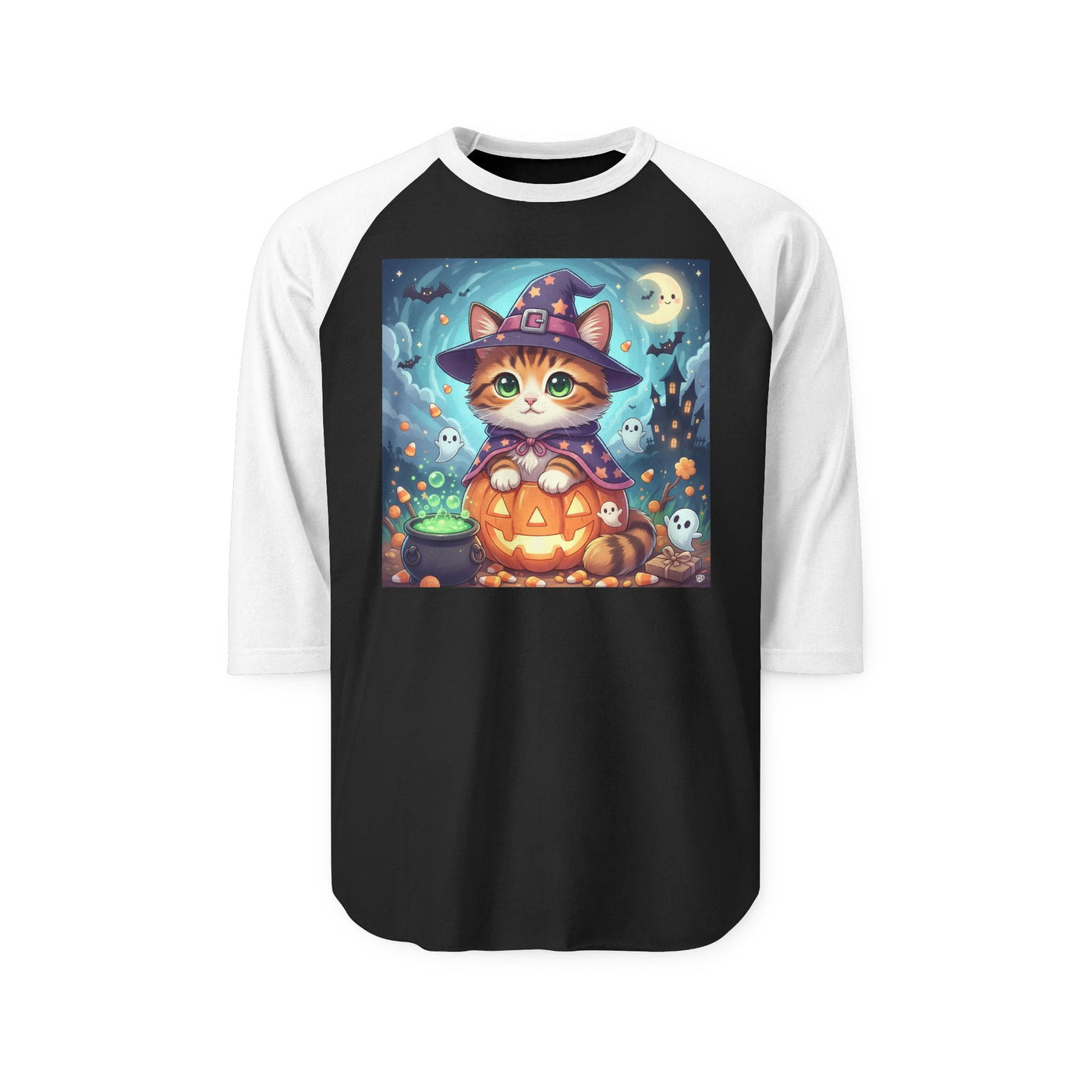 Halloween cute kitten anime style 2 Raglan Shirt, Unisex Halloween Top, Pumpkin Cat Shirt, Cute Cat Tee, Spooky Casual Wear
