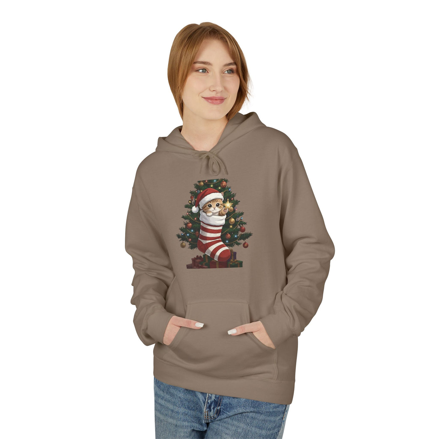 Adorable kitten hiding in Christmas stocking style 3 Cozy Graphic Unisex Midweight Softstyle Fleece Hoodie
