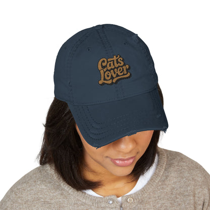 Cats Lover Distressed Embroidered Cap Dad Hat Brown Words