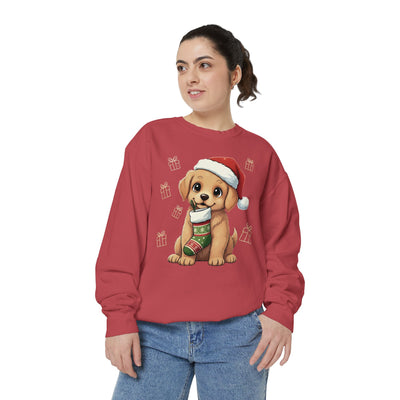 Cute Puppy waiting for Christmas presents style 4 Cozy Graphic Unisex Crewneck Sweatshirt