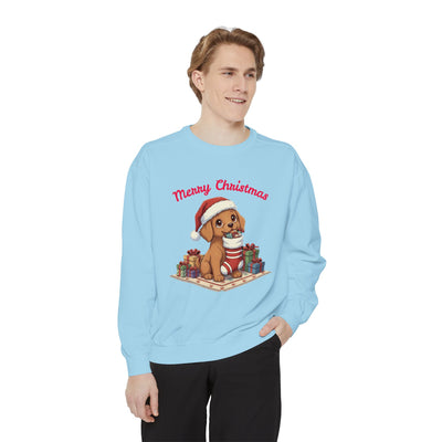 Cute Puppy waiting for Christmas presents style 2 Cozy Graphic Unisex Crewneck Sweatshirt