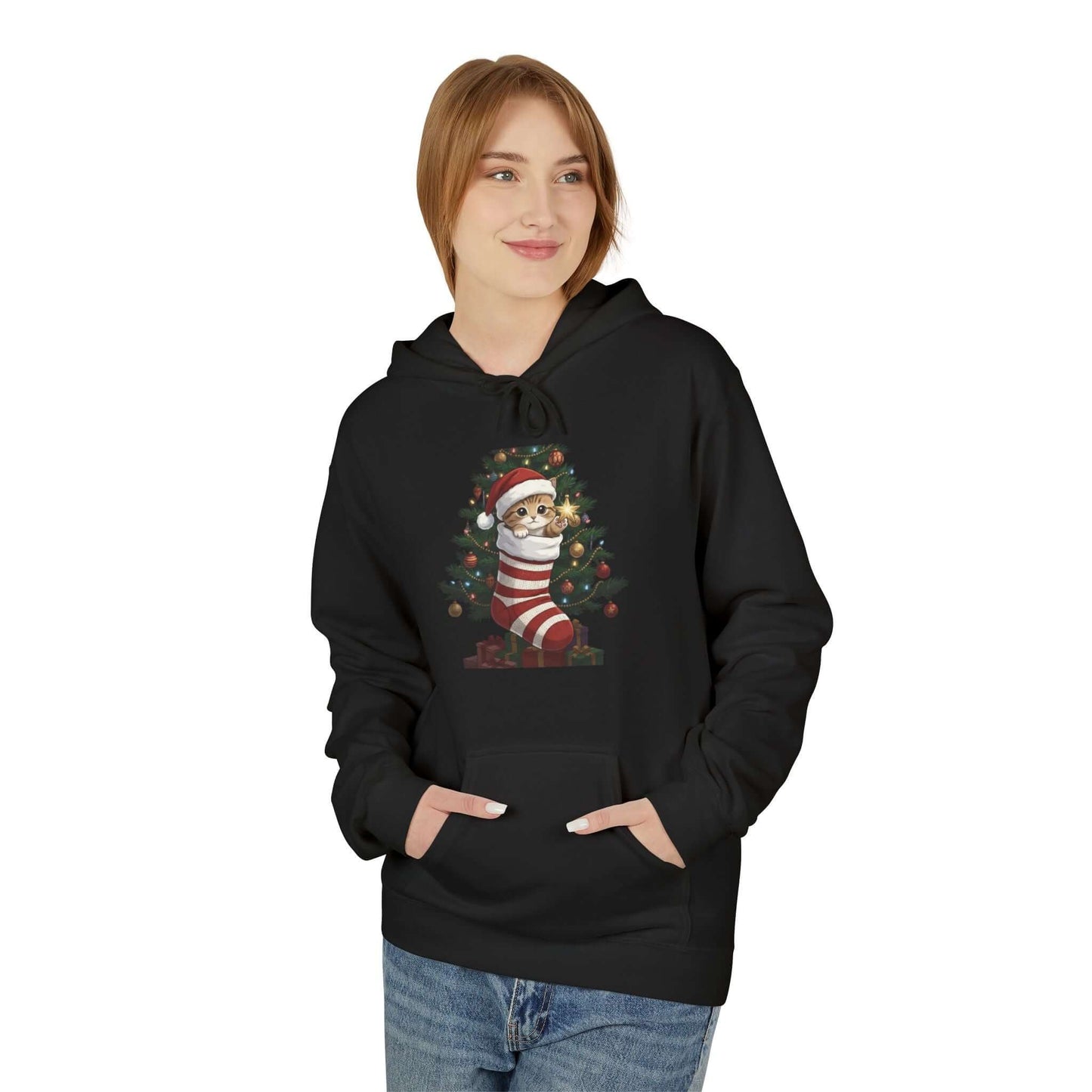 Kitten hiding in Christmas stocking Unisex Fleece Hoodie style 3