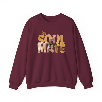 Cat My Soulmate Unisex Crewneck Sweatshirt in burgundy with warm lettering and floral design.