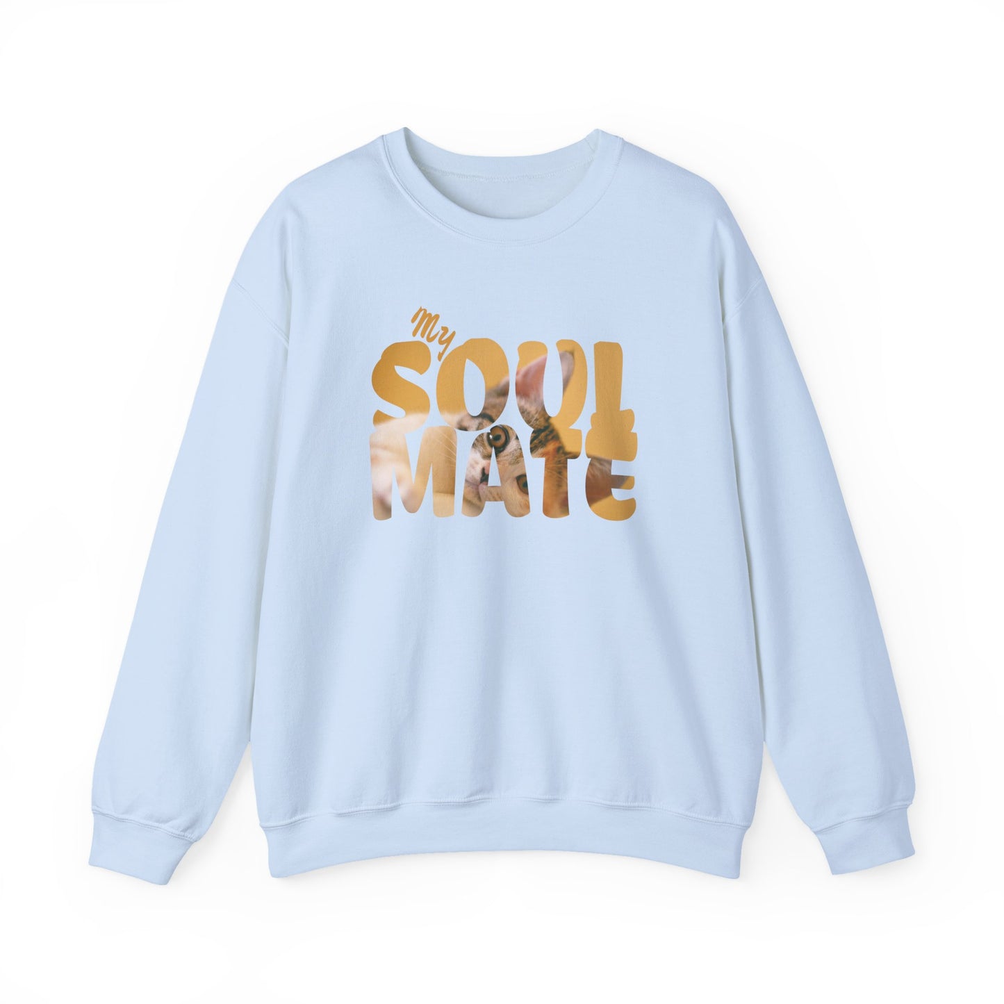 Cat My Soulmate Unisex Crewneck Sweatshirt in light blue with faded lettering and floral design.