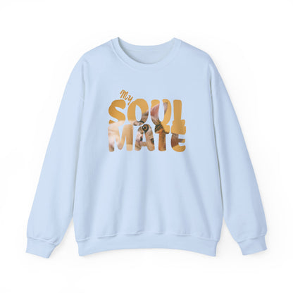 Cat My Soulmate Unisex Crewneck Sweatshirt in light blue with faded lettering and floral design.