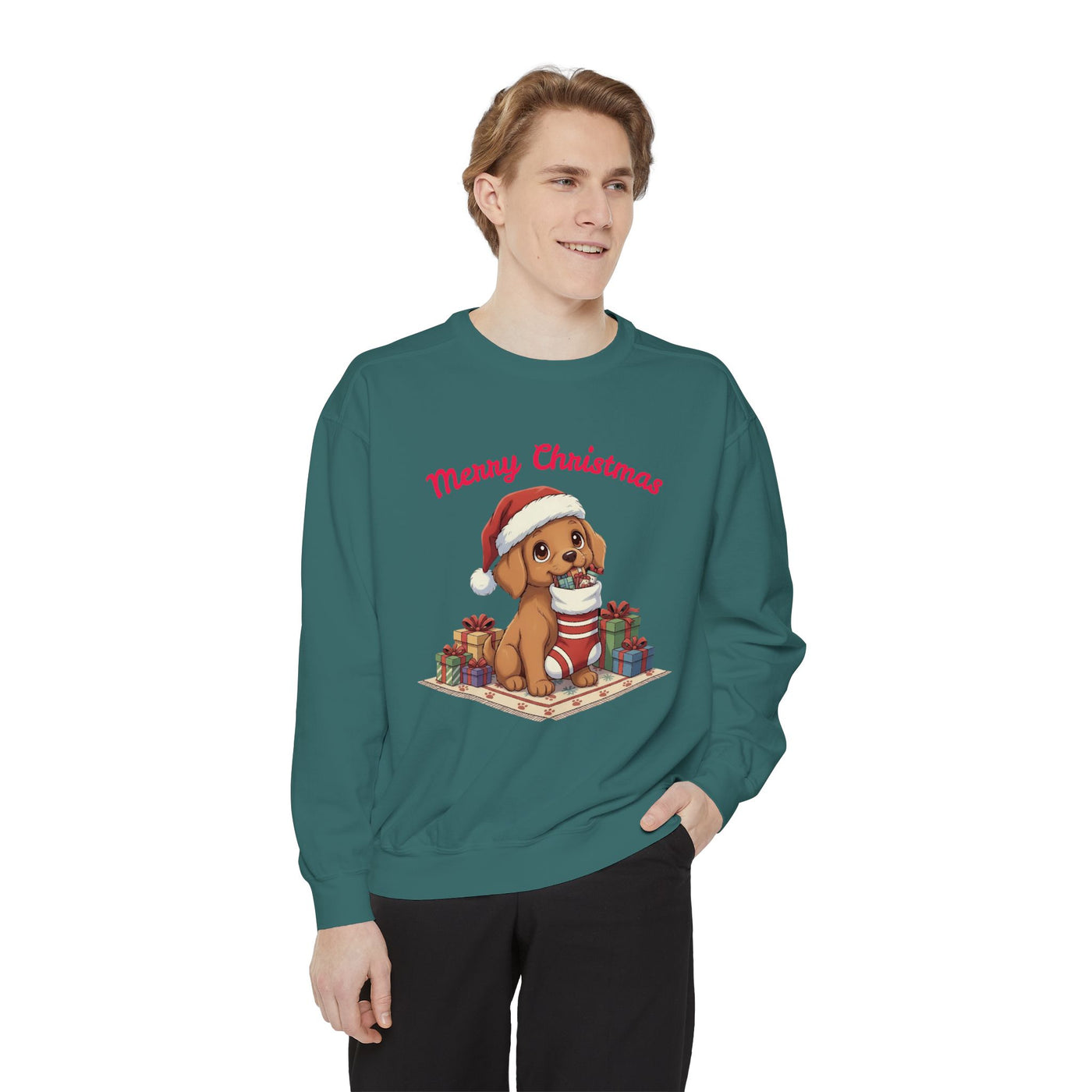 Cute Puppy waiting for Christmas presents style 2 Cozy Graphic Unisex Crewneck Sweatshirt