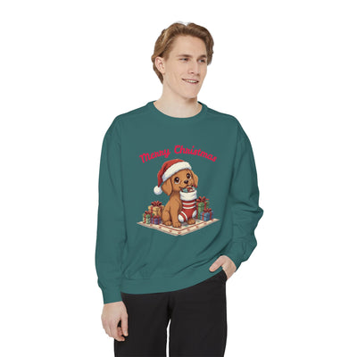 Cute Puppy waiting for Christmas presents style 2 Cozy Graphic Unisex Crewneck Sweatshirt