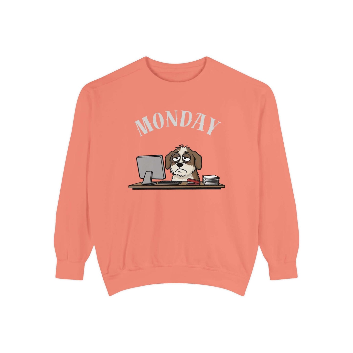 Monday Face Dog Stares Blankly Unisex Crewneck Sweatshirt in coral color with dog and MONDAY graphic design.