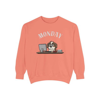 Monday Face Dog Stares Blankly Unisex Crewneck Sweatshirt in coral color with dog and MONDAY graphic design.