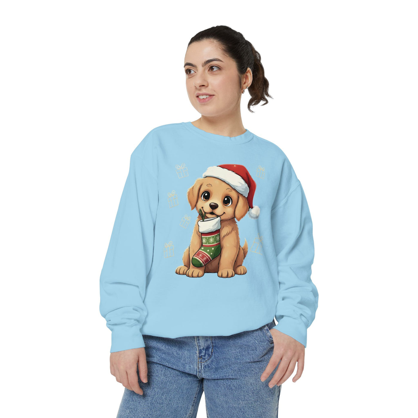 Cute Puppy waiting for Christmas presents style 4 Cozy Graphic Unisex Crewneck Sweatshirt