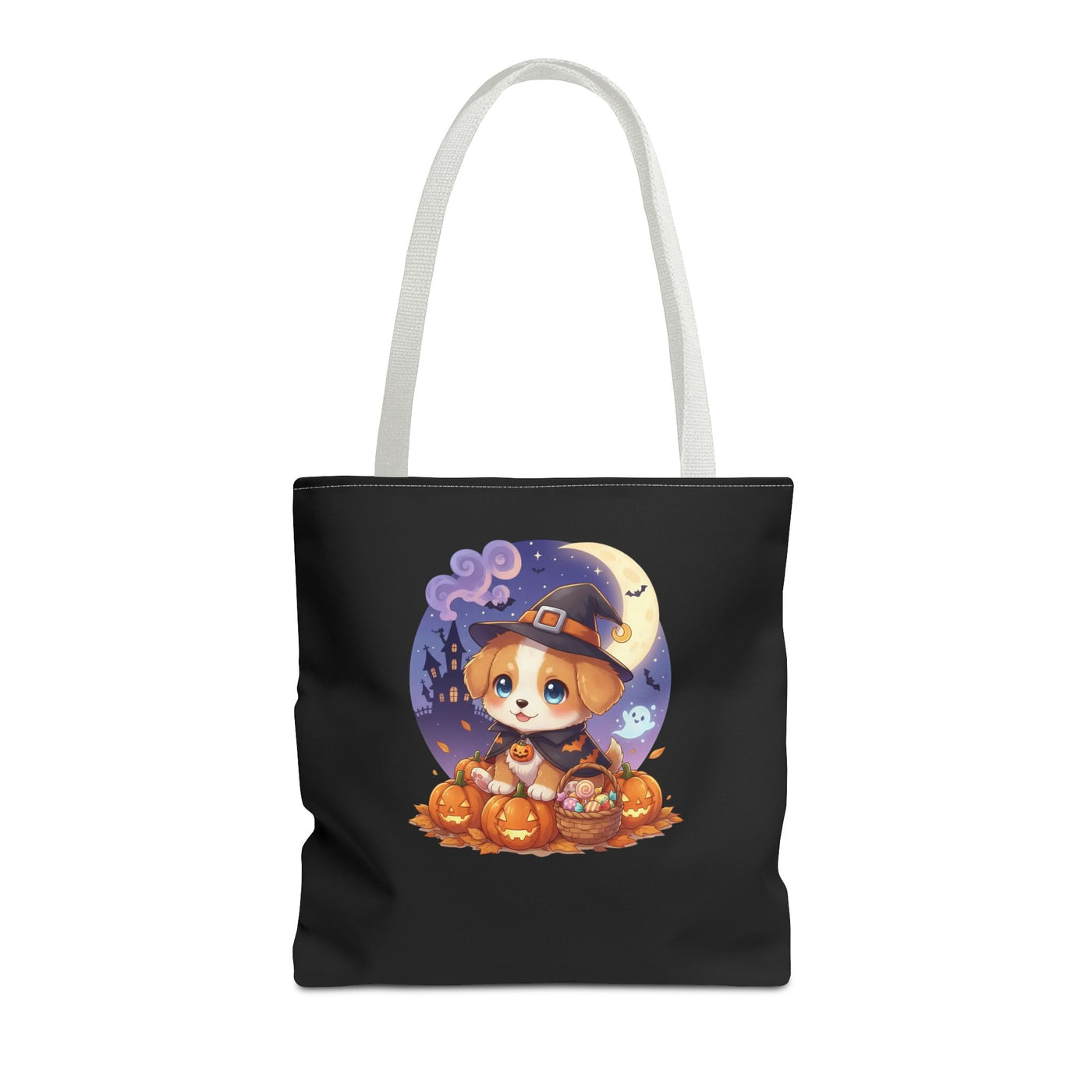 Adorable Halloween Puppy anime style Tote Bag, Pumpkin Lover Gift, Cute Dog Design, Witch Theme, Eco-Friendly Shopping Bag
