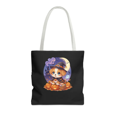 Adorable Halloween Puppy anime style Tote Bag, Pumpkin Lover Gift, Cute Dog Design, Witch Theme, Eco-Friendly Shopping Bag
