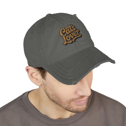 Cats Lover Distressed Embroidered Cap Dad Hat Brown Words