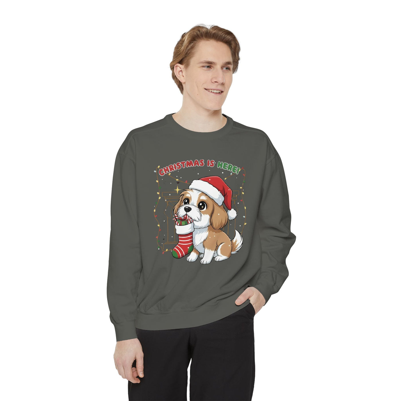 Cute Puppy waiting for Christmas presents style 5 Cozy Graphic Unisex Crewneck Sweatshirt