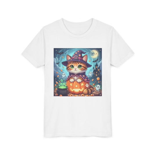 Halloween cute kitten anime style 2 Unisex Youth Tee | T-Shirt, Cute Pumpkin Shirt, Kids Halloween Outfit, Cat Lover Gift, Fun Fall Apparel