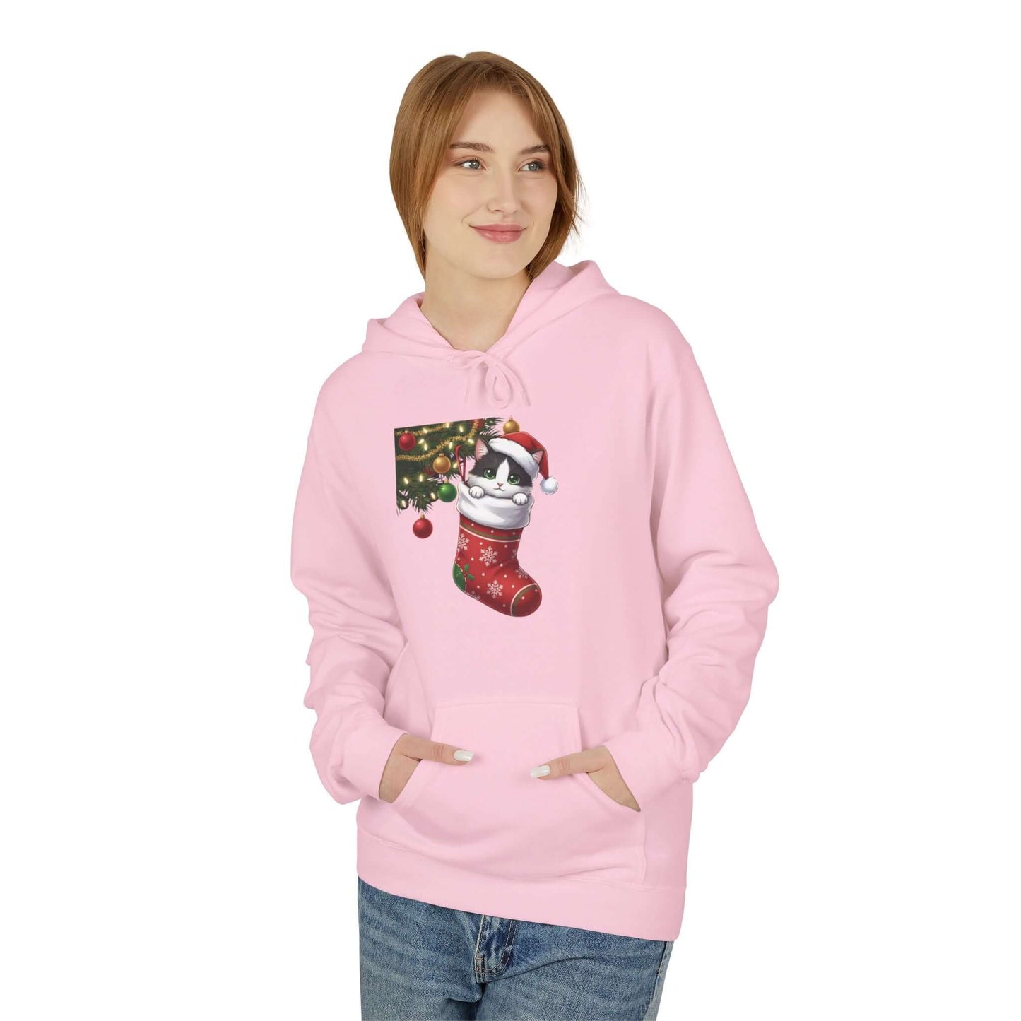 Kitten hiding in Christmas stocking Unisex Fleece Hoodie style 1