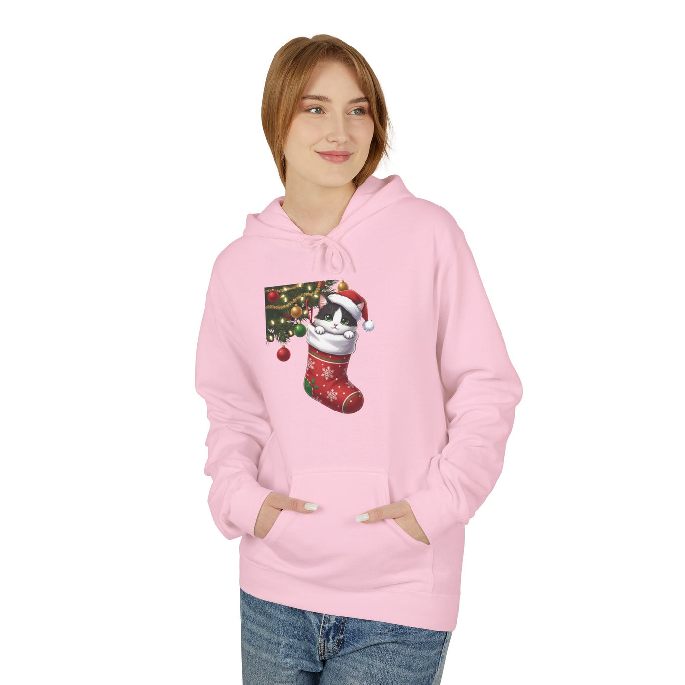 Adorable kitten hiding in Christmas stocking style 1 Cozy Graphic Unisex Midweight Softstyle Fleece Hoodie