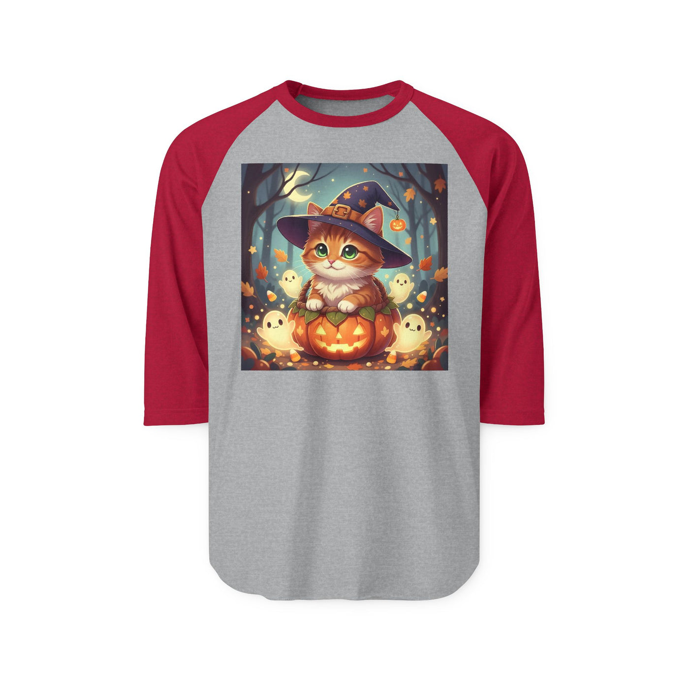 Halloween cute kitten anime style 3 Raglan Shirt, Unisex Halloween Top, Pumpkin Cat Shirt, Cute Cat Tee, Spooky Casual Wear