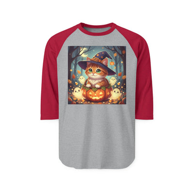 Halloween cute kitten anime style 3 Raglan Shirt, Unisex Halloween Top, Pumpkin Cat Shirt, Cute Cat Tee, Spooky Casual Wear