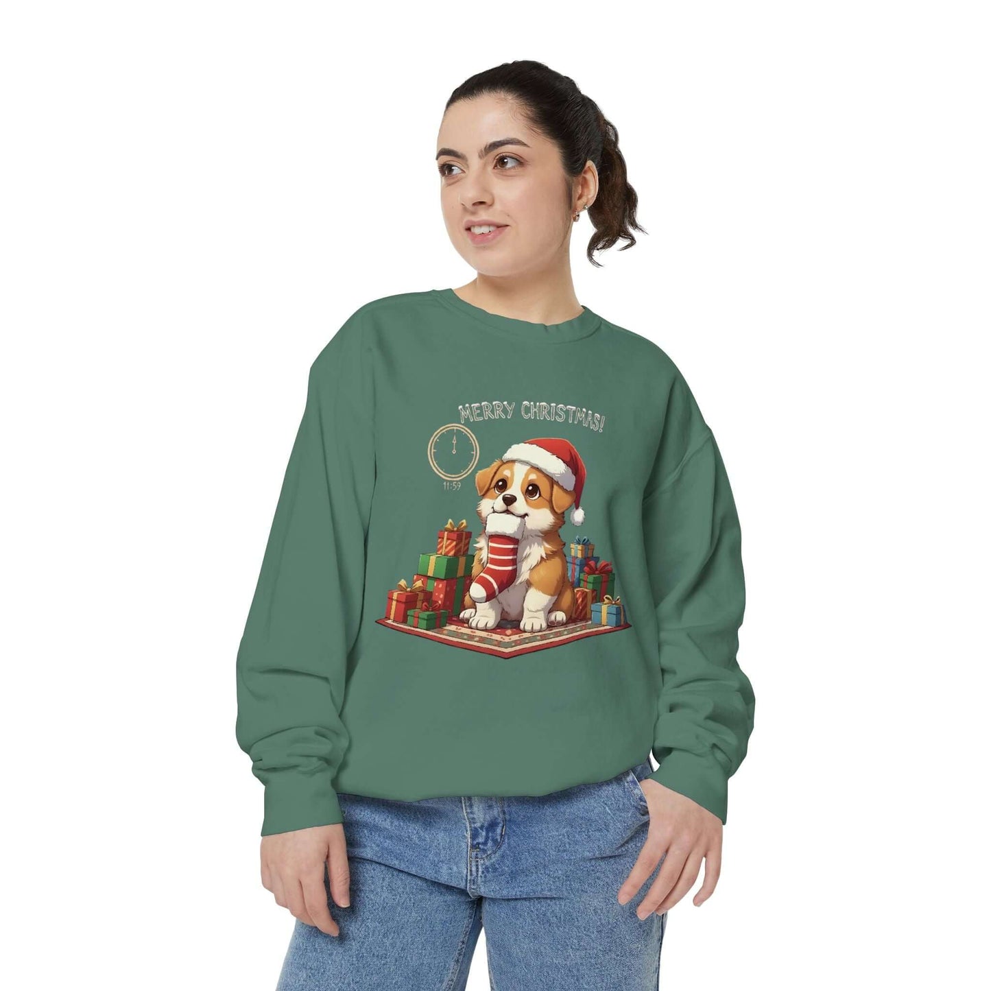 Puppy wait for Christmas presents Unisex Crewneck Sweatshirt style 1