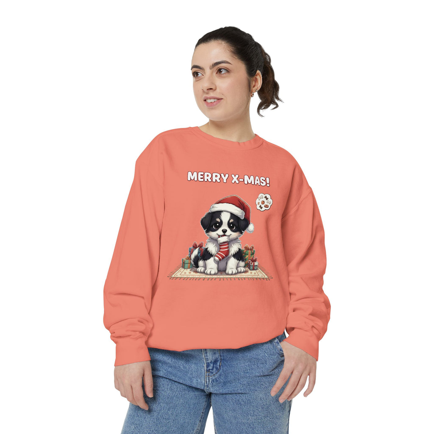 Cute Puppy waiting for Christmas presents style 7 Cozy Graphic Unisex Crewneck Sweatshirt