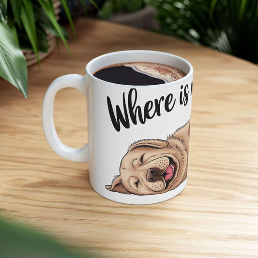 Where is my coffee - Cute Sleeping Dog Ceramic Coffee Mug 11oz with cartoon pug design on wooden table.