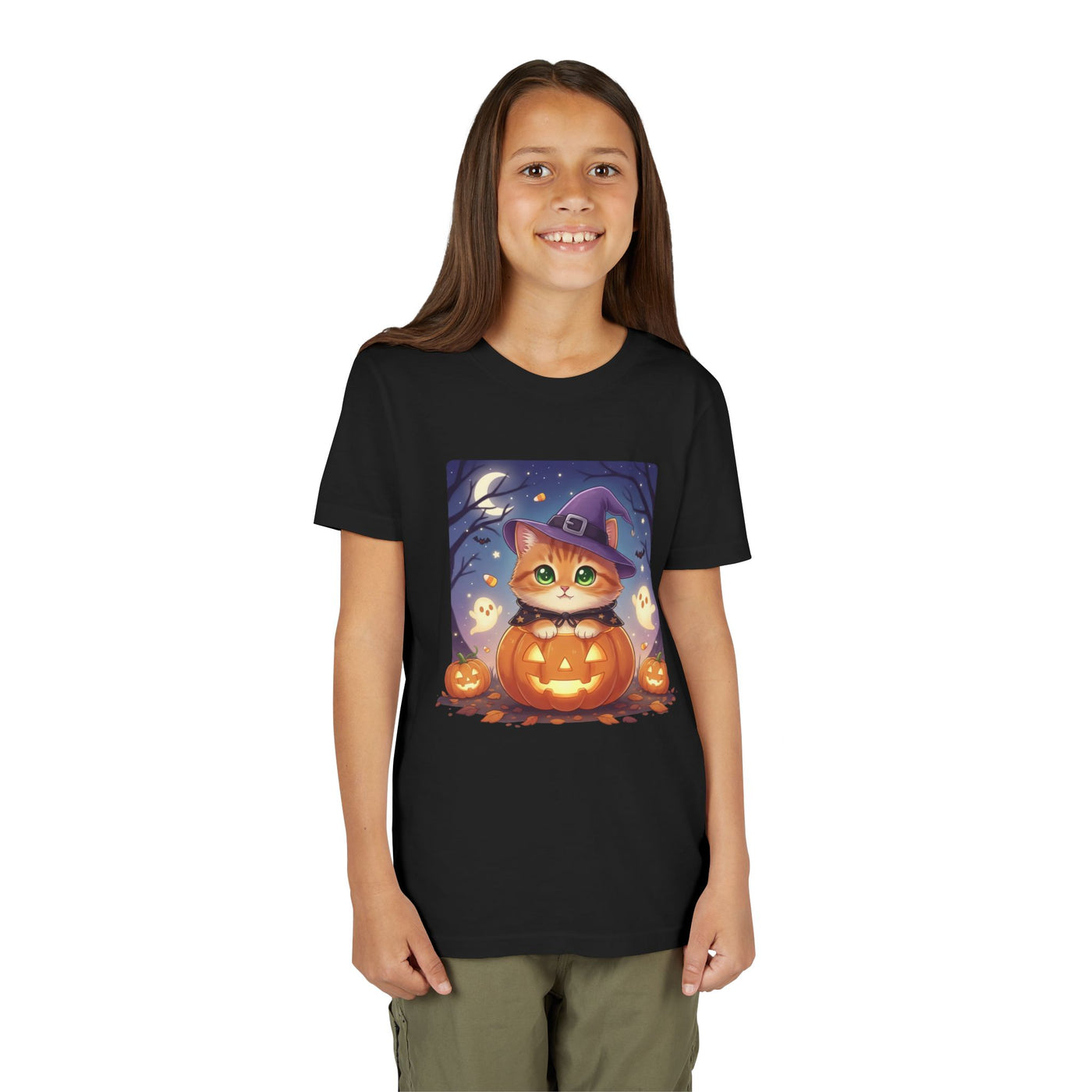 Halloween cute kitten anime style 7 Unisex Youth Tee | T-Shirt, Cute Pumpkin Shirt, Kids Halloween Outfit, Cat Lover Gift, Fun Fall Apparel