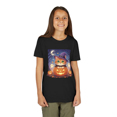 Halloween cute kitten anime style 7 Unisex Youth Tee | T-Shirt, Cute Pumpkin Shirt, Kids Halloween Outfit, Cat Lover Gift, Fun Fall Apparel
