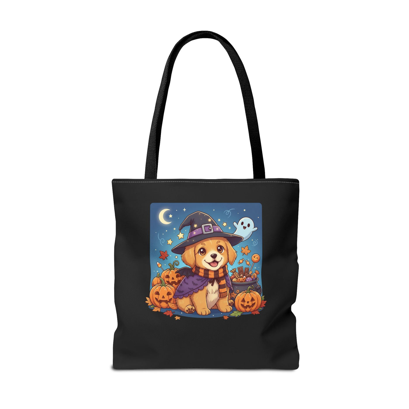 Adorable Halloween Puppy anime style Tote Bag, Pumpkin Lover Gift, Cute Dog Design, Witch Theme, Eco-Friendly Shopping Bag
