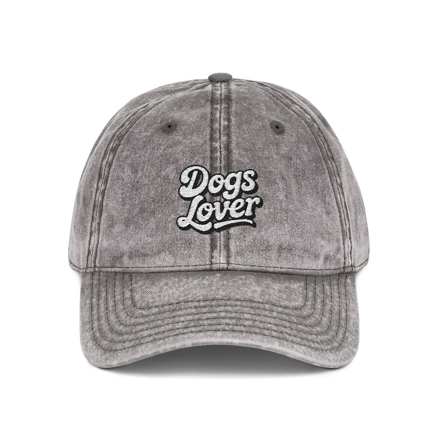 Dogs Lover Vintage Embroidered Cap Dad Hat Grey Words, vintage cap with embroidered text, soft cotton twill.