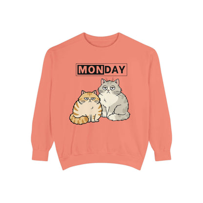 Monday Face Cat Stares Blankly Unisex Crewneck Sweatshirt featuring two cats with a Monday banner.