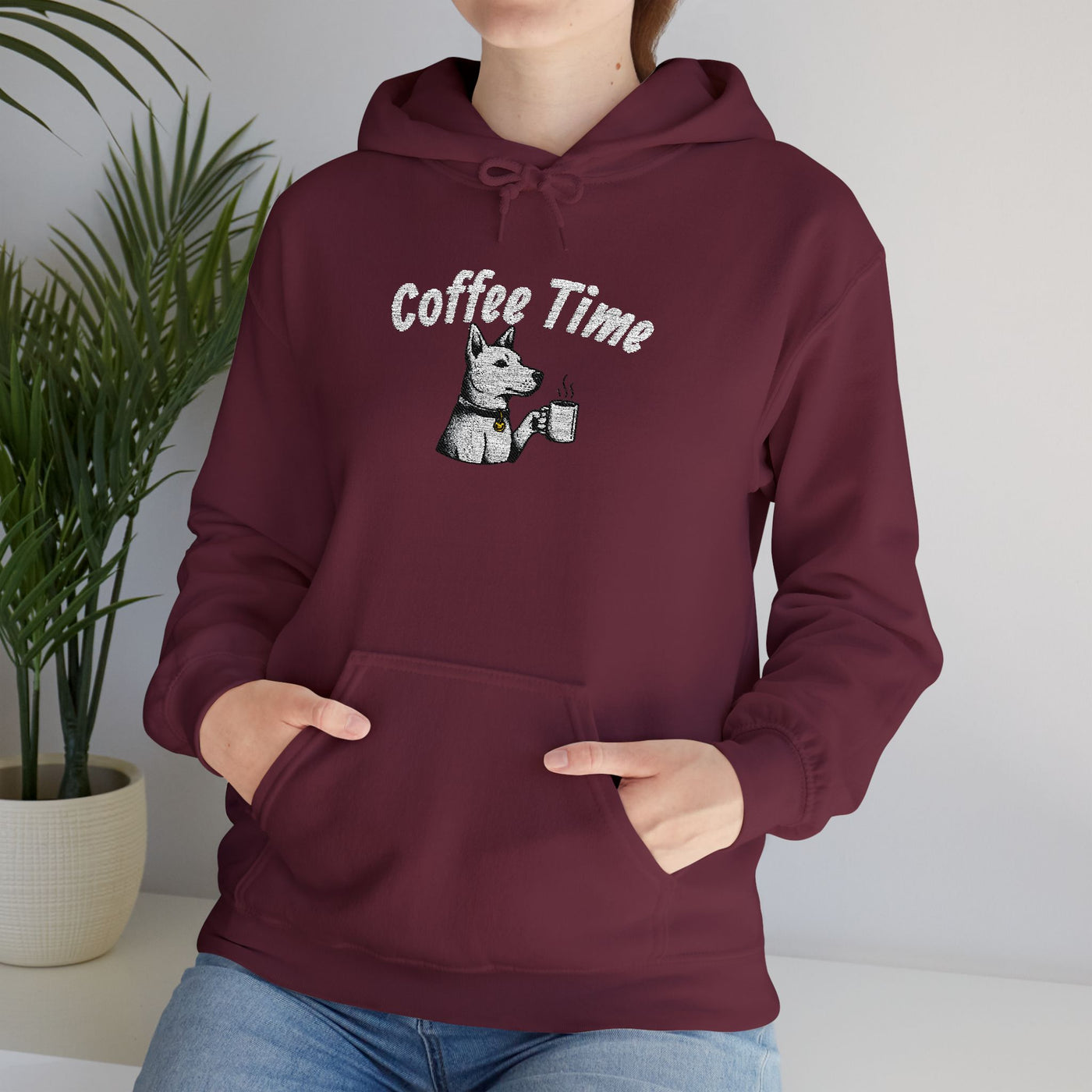 Coffee Time Dog Embroidered style 1 Unisex Pullover Hoodie