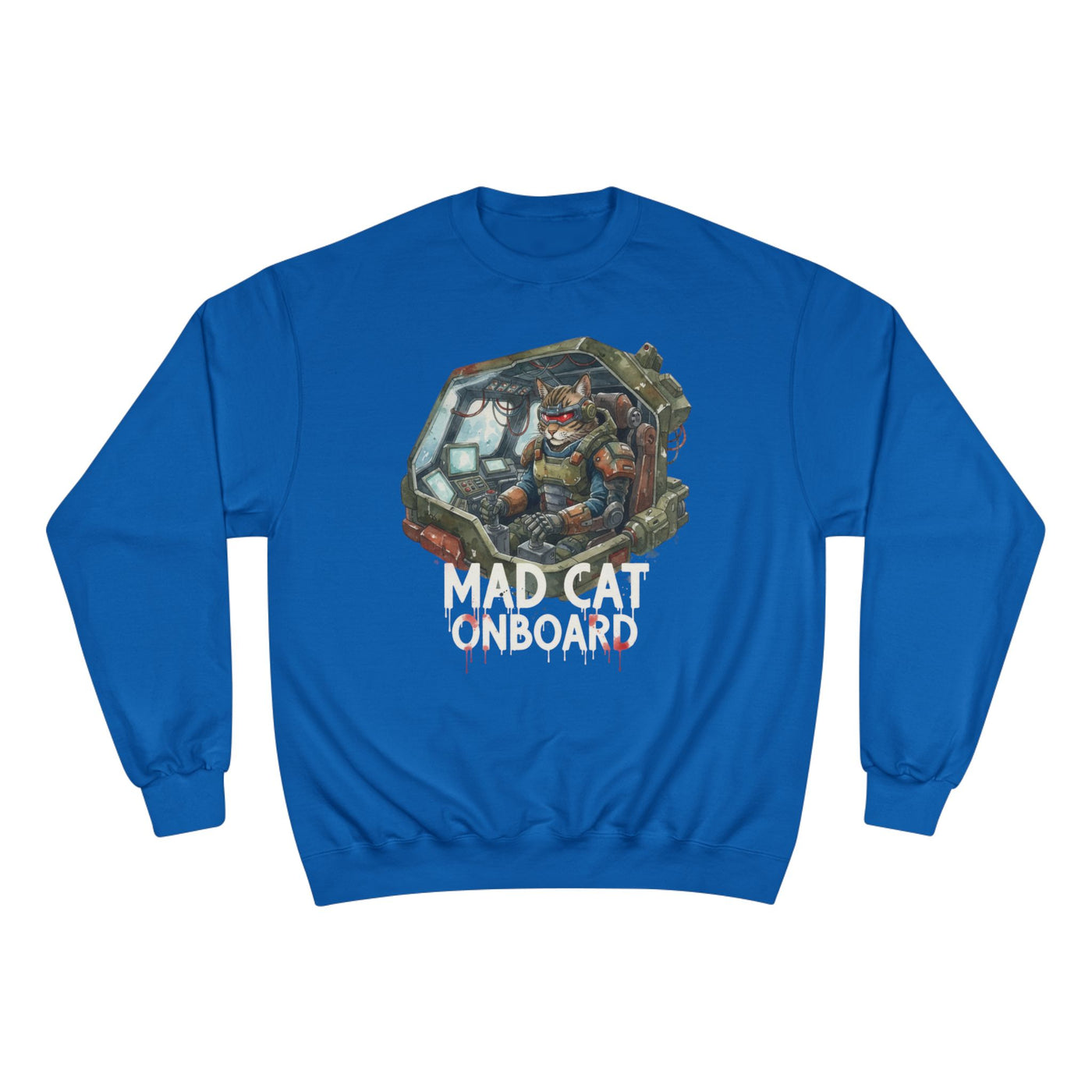 Mad Cat Onboard Graphic style 1 Champion Crewneck Sweatshirt for Gamers & Sci‑Fi Fans