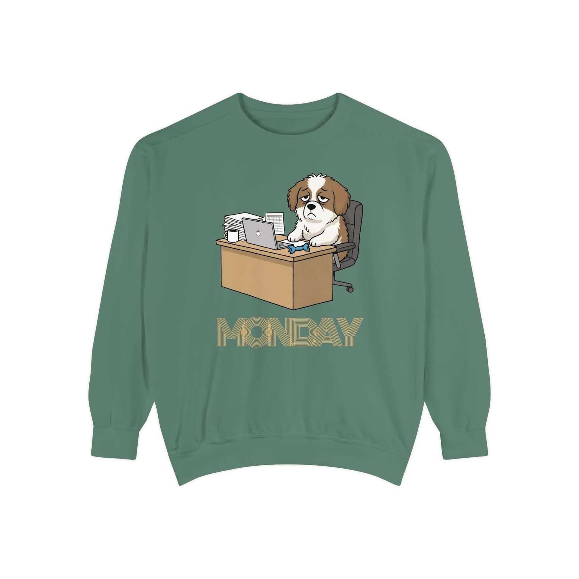 Monday Face Dog Stares Blankly Unisex Crewneck Sweatshirt featuring a dog at a desk with a 'MONDAY' banner.
