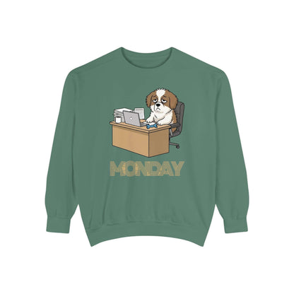 Monday Face Dog Stares Blankly Unisex Crewneck Sweatshirt featuring a dog at a desk with a 'MONDAY' banner.