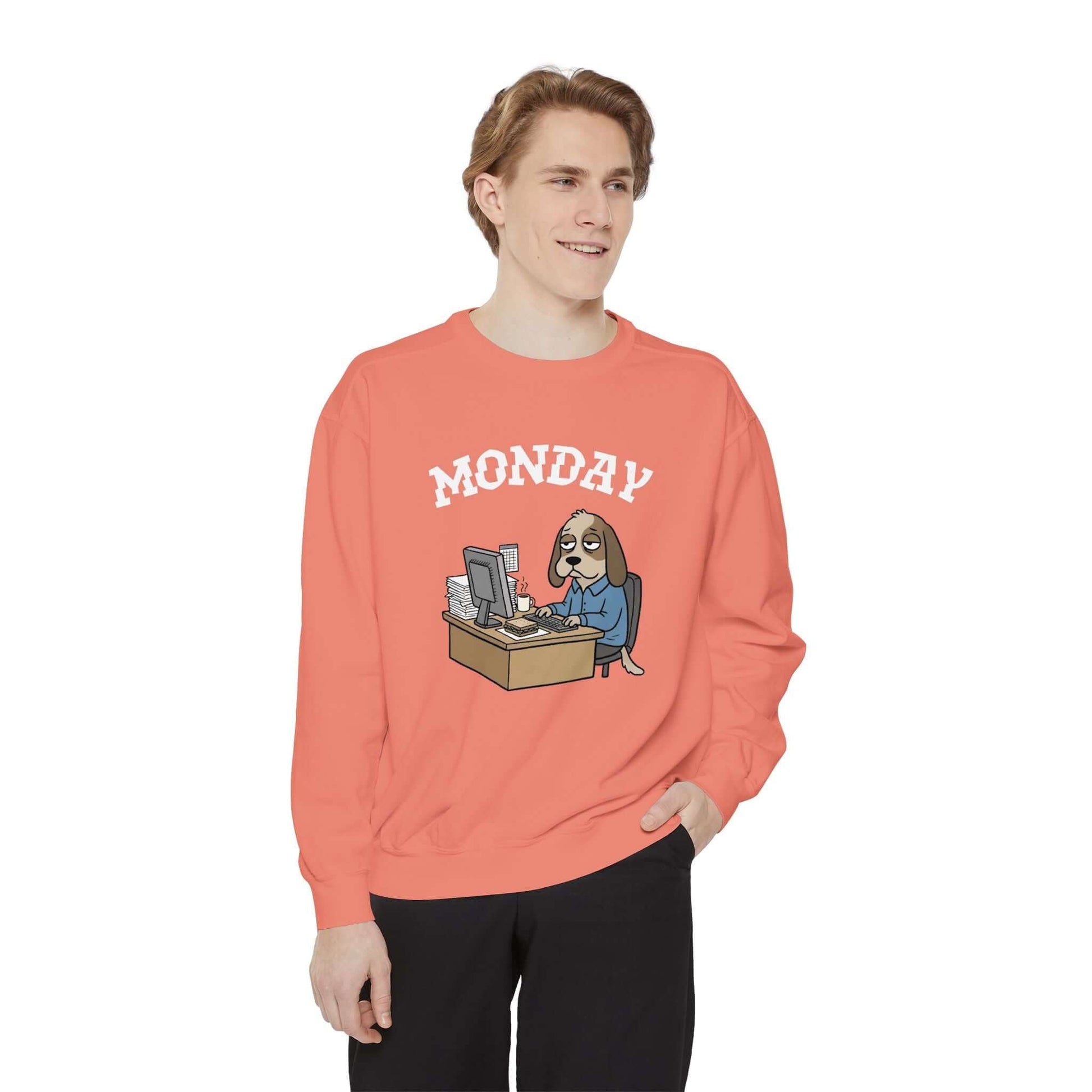 Monday Face Dog Stares Blankly Unisex Crewneck Sweatshirt in coral featuring a cartoon dog under the 'MONDAY' banner.