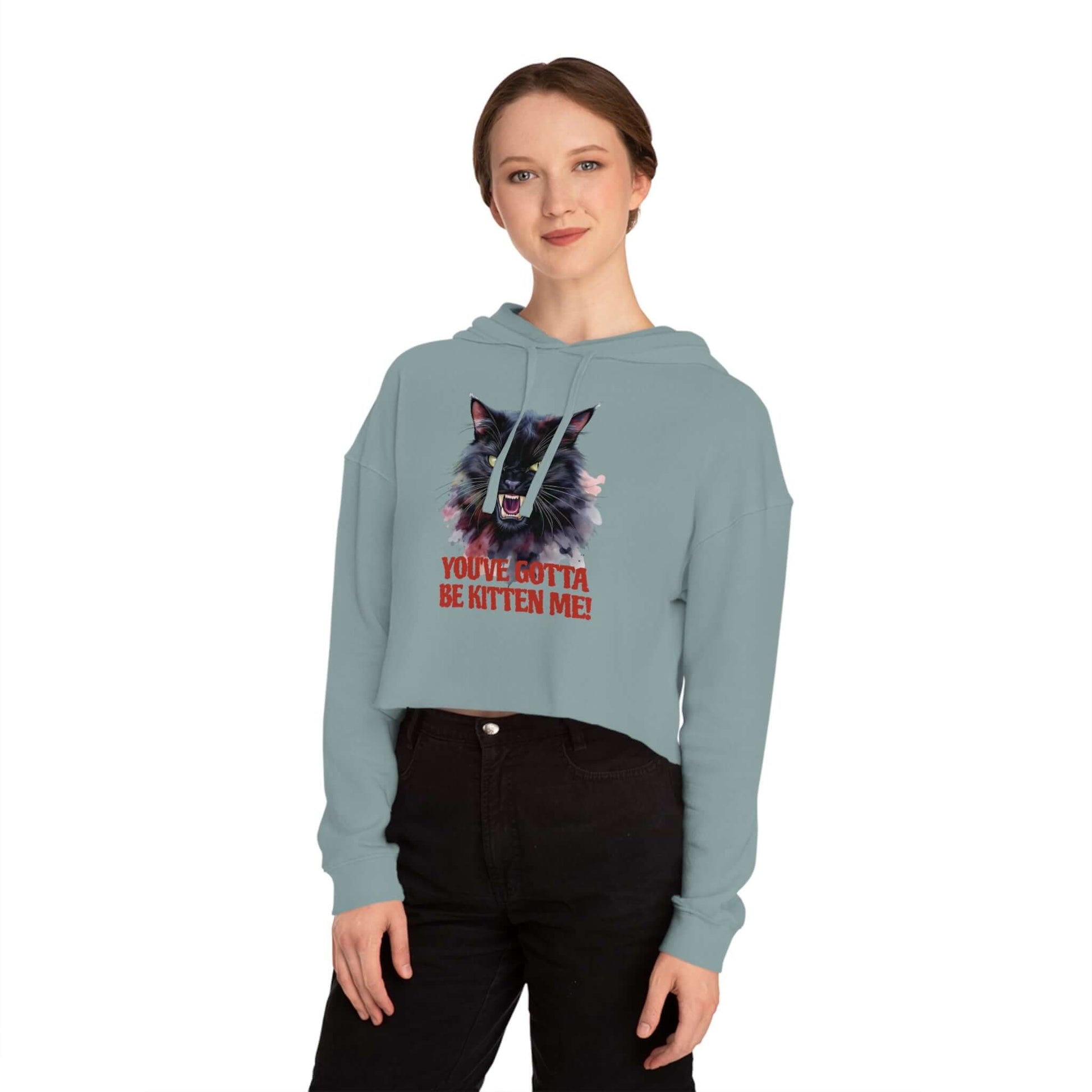 You've Gotta Be Kitten Me - Black Cat Women Cropped Hoodie on a model, showcasing playful cat graphic and relaxed fit.
