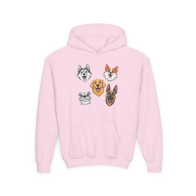 Cute Dog Heads Unisex Youth Hoodie, Fun Pet Lover Sweater, Kids Gift, Animal Lover Apparel, Perfect for Birthdays & Holidays