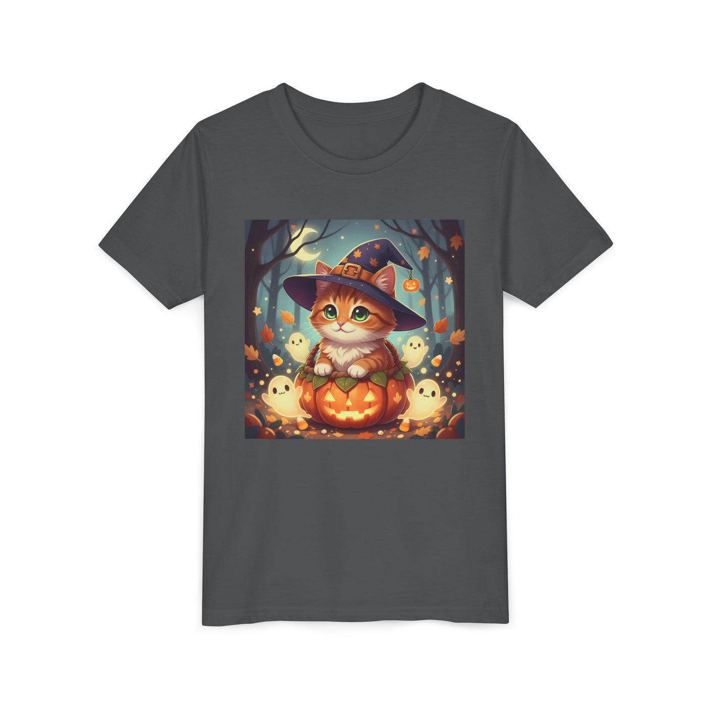 Halloween cute kitten anime style 3 Unisex Youth Tee | T-Shirt, Cute Pumpkin Shirt, Kids Halloween Outfit, Cat Lover Gift, Fun Fall Apparel
